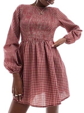 ♥️🤍 Daisy Street Red Gingham Smocked Long-Sleeve Dress